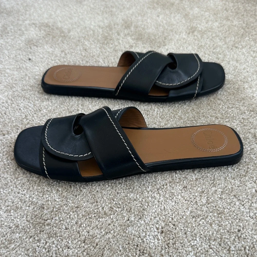 Chloe Black Leather Slide Sandals - Picture 5 of 13